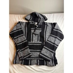 Mexican Baja Hoodie Pullover Hooded Jacket Black White Stripe Size L